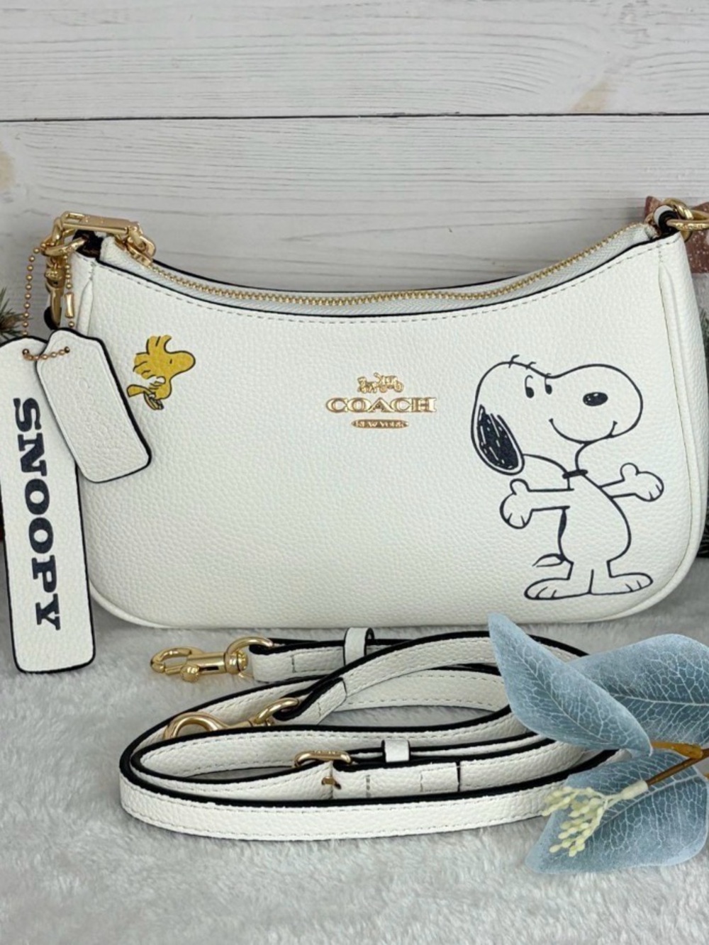 Coach White Leather Snoopy & Woodstock Crossbody Bag